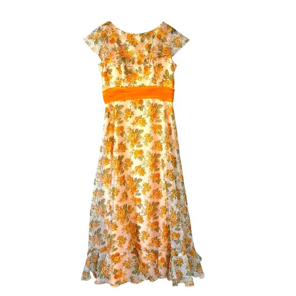 Vintage 50s Orange White Floral Flutter Sleeve Full Length Dress Large - Picture 1 of 12